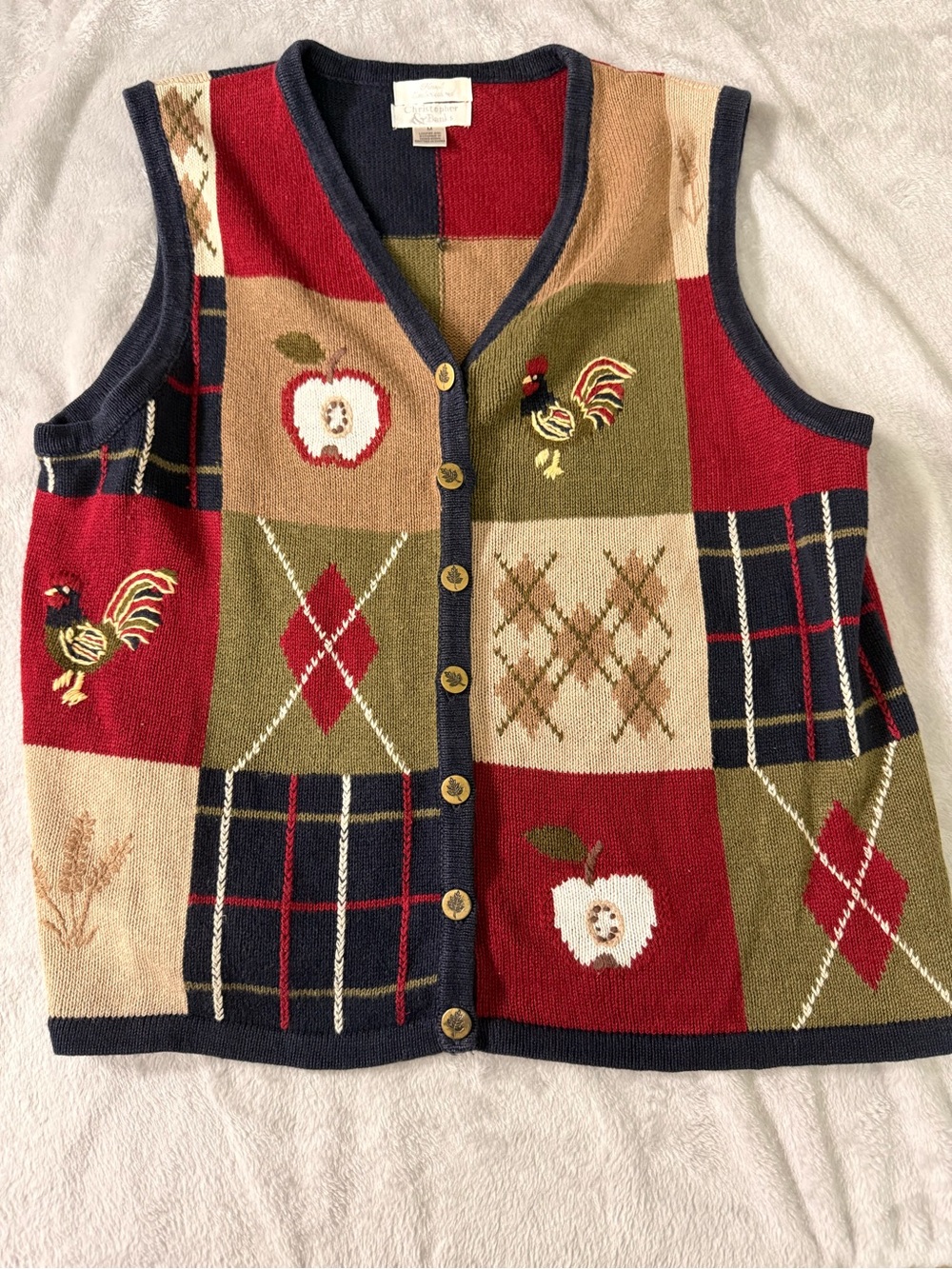 Vintage Patchwork Knit Vest - Red, Olive & Navy - Christopher & Banks